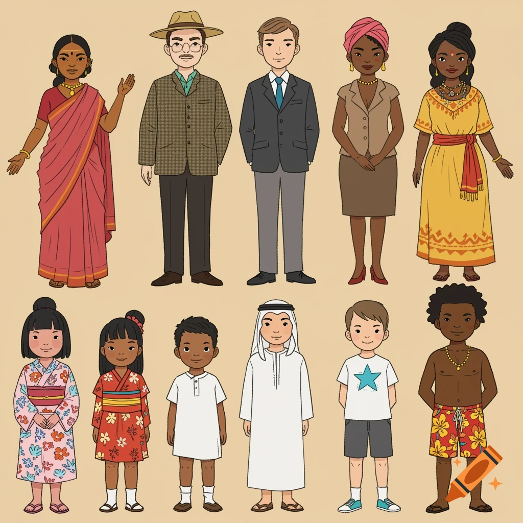 Illustration of diverse adults and children in various cultural clothing.