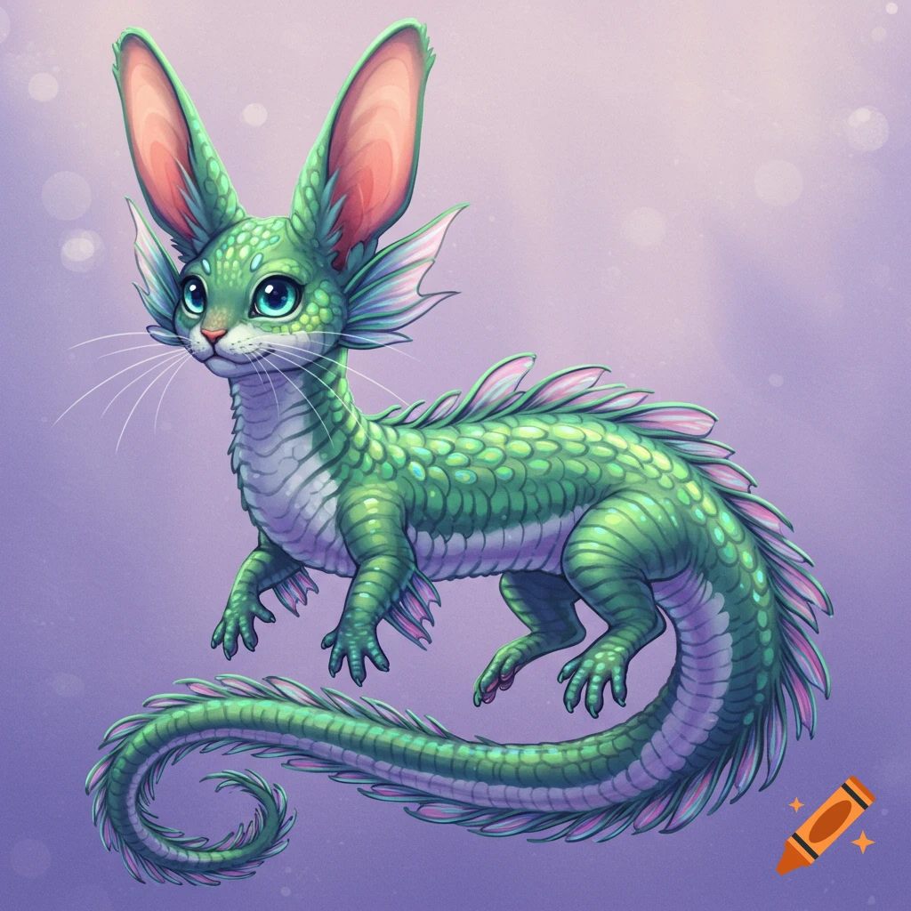 Illustration of a green fantasy creature with rabbit ears, cat face, and dragon scales.