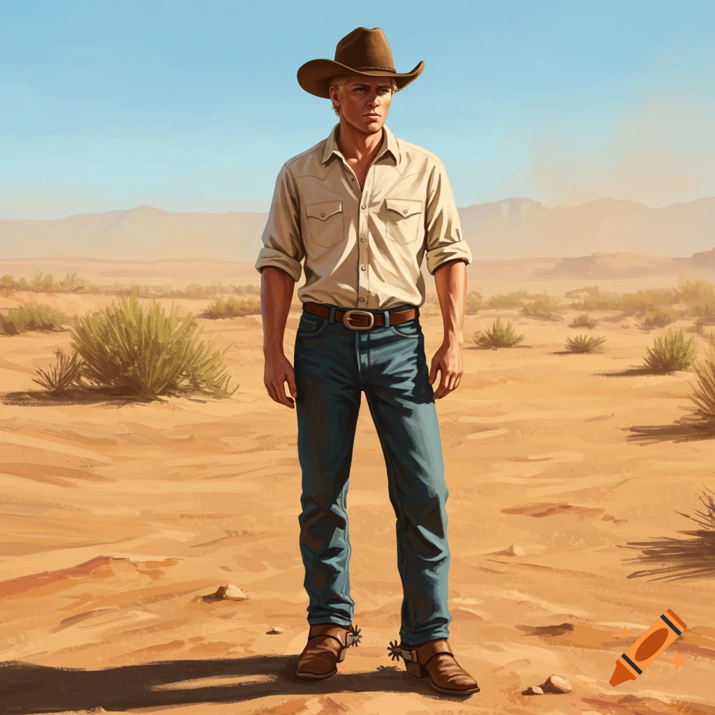 Illustration of a cowboy standing in a desert landscape.