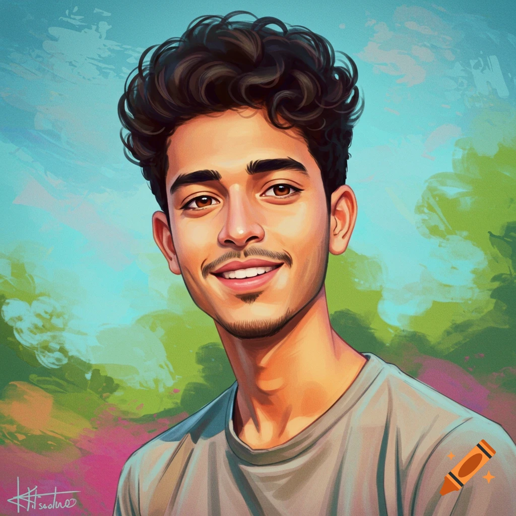 Illustrated portrait of a young man with curly hair smiling