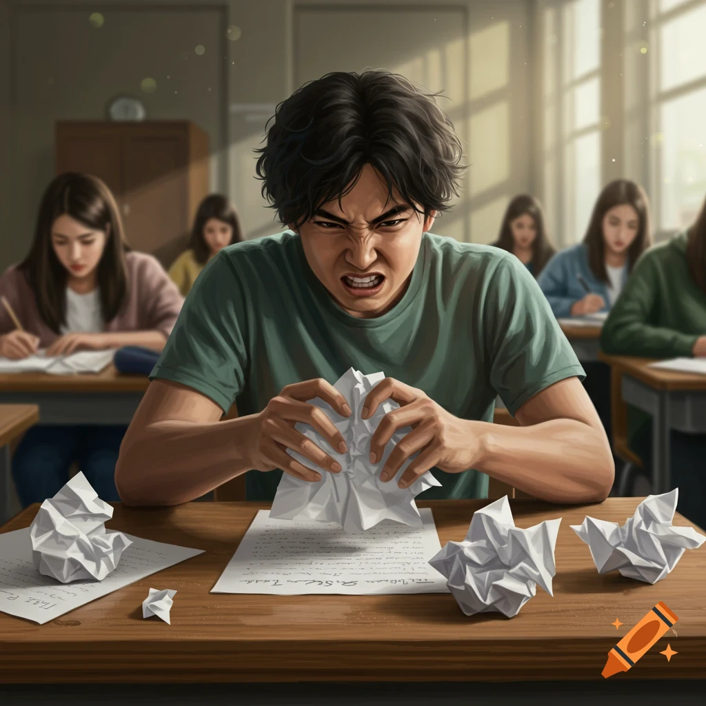 A frustrated student crumples paper at a desk in a classroom, surrounded by other students.