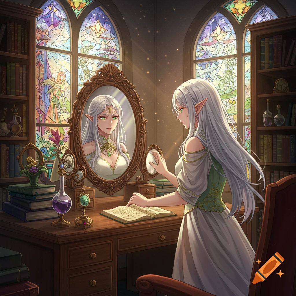 Anime elf woman sits at a desk with a mirror in a room with stained glass windows