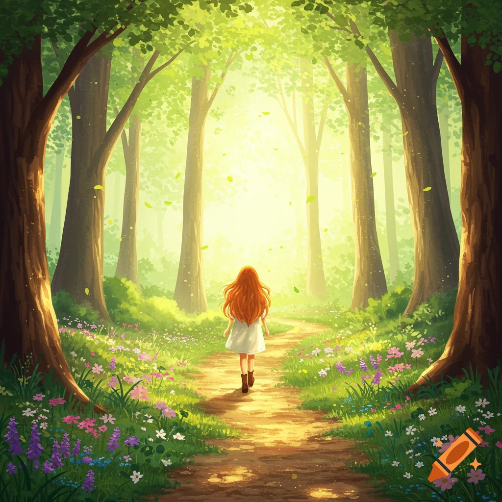 A girl with long red hair walks down a sunlit path through a vibrant green forest filled with flowers, illustration style.