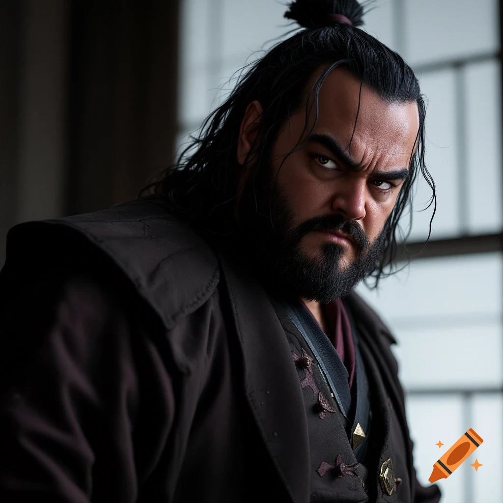Dramatic portrait of a man with a beard and long hair tied back, wearing a dark coat and looking intensely at the camera.