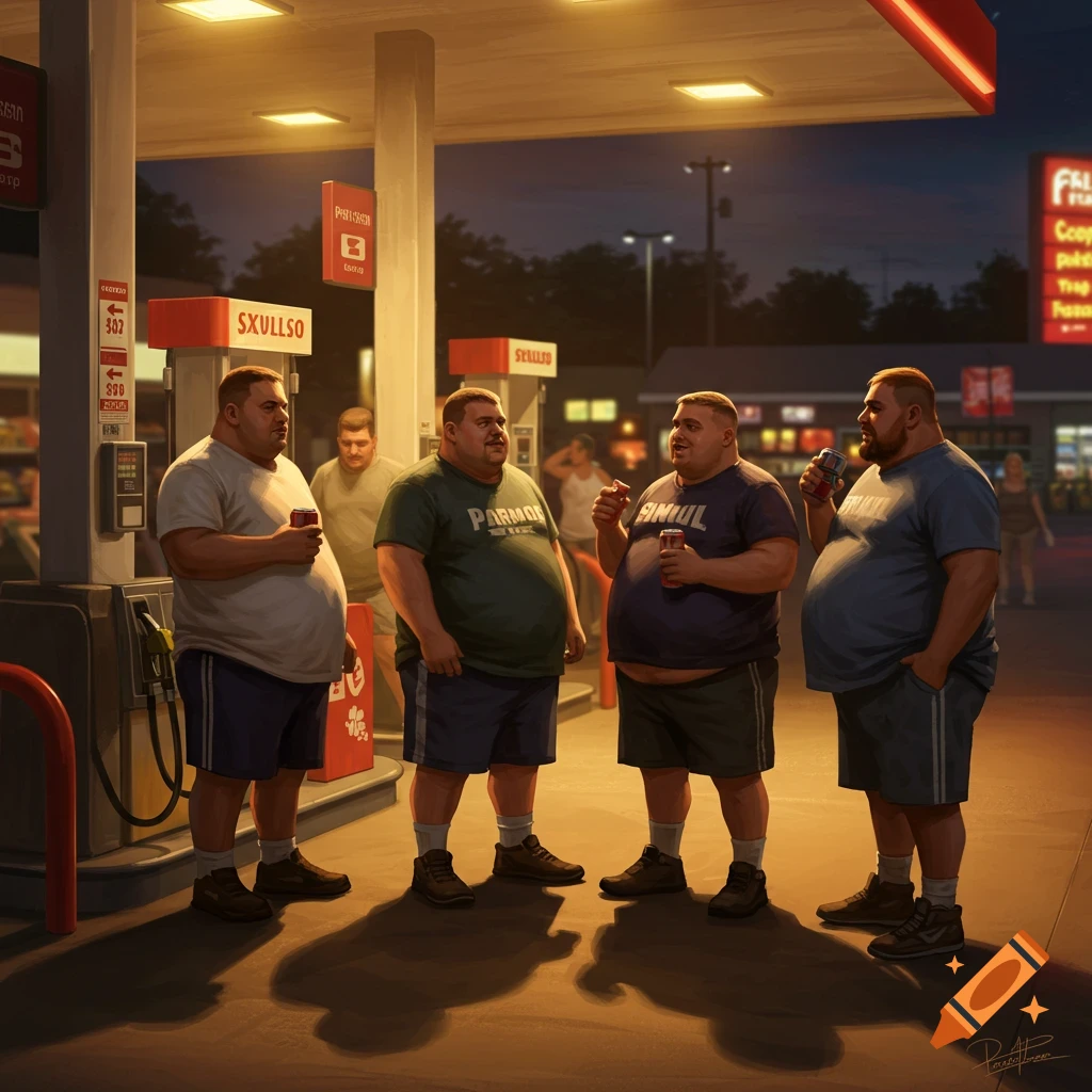 Four overweight men stand and talk at a gas station at night.