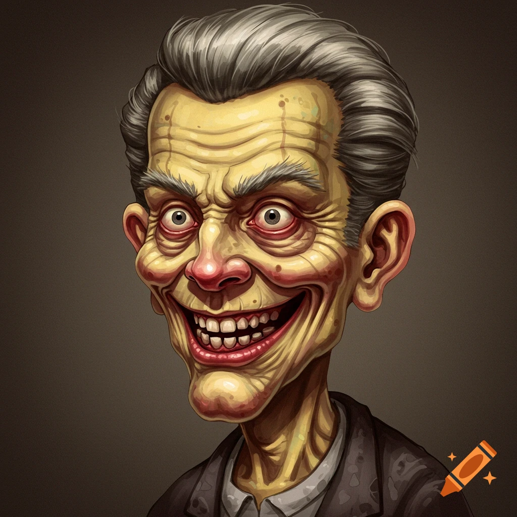 Grotesque, cartoony illustration of a creepy old man with wrinkled yellow skin, gray hair, and a wide smile.