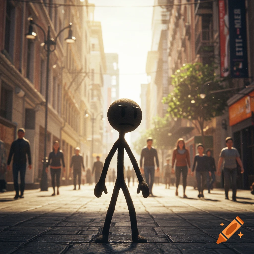 A 3D rendered stick figure character stands in the middle of a busy city street with blurred people walking by.