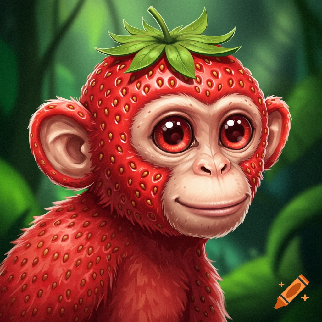 Cartoon illustration of a monkey fused with a strawberry, with red, seedy skin and leaf hair.