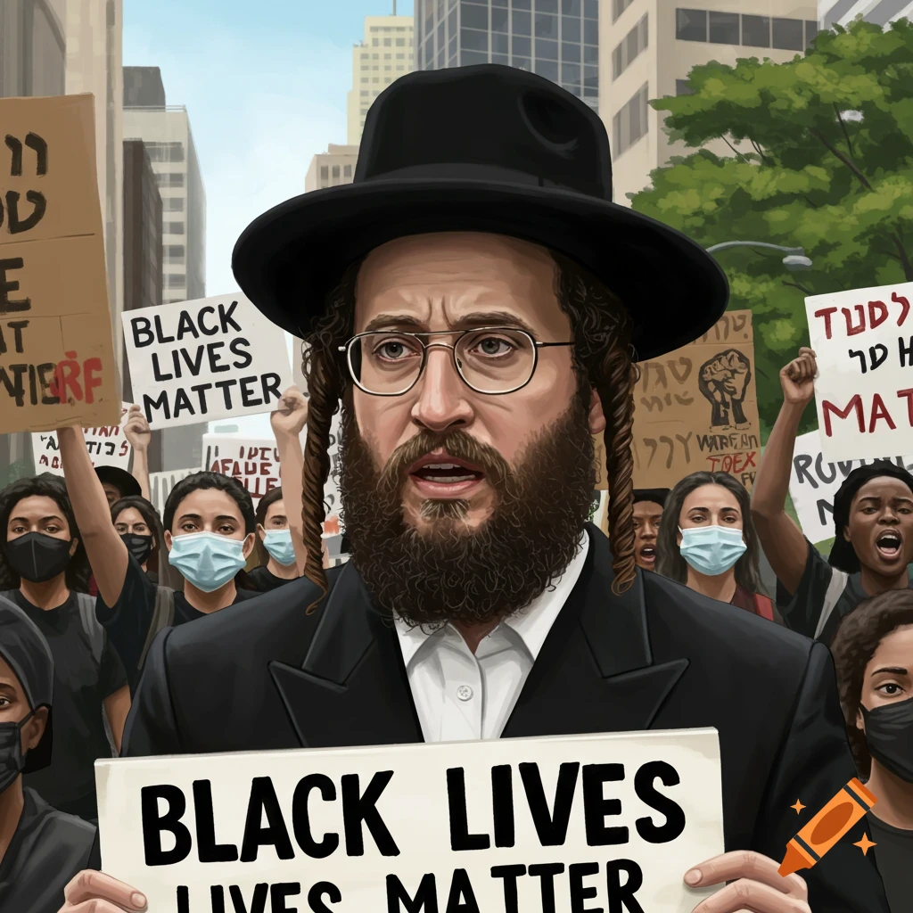An Orthodox Jewish man holding a 'Black Lives Matter' sign at a street rally.