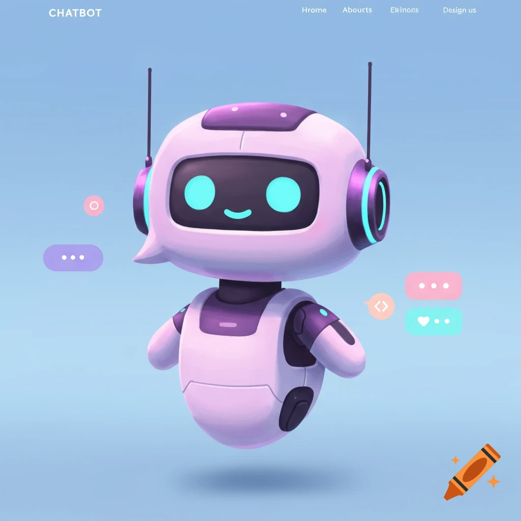 A cute, white and purple cartoon robot with large eyes on a light blue background with webpage elements.