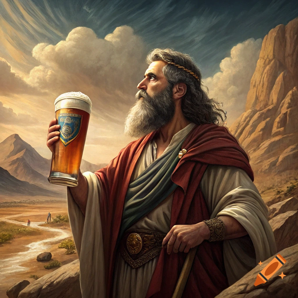 An elderly man in robes holds up a glass of beer in a desert landscape.