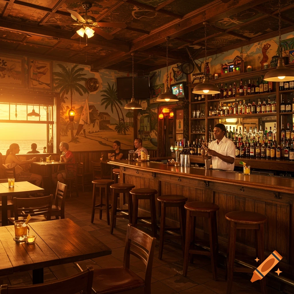 Interior view of a Caribbean bar at sunset, showing a bartender and customers.
