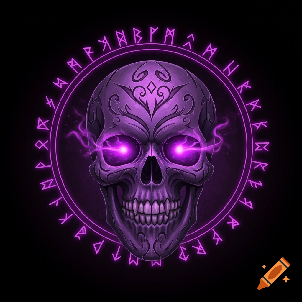 A purple skull with glowing purple eyes is centered within a circle of purple runes on a black background.