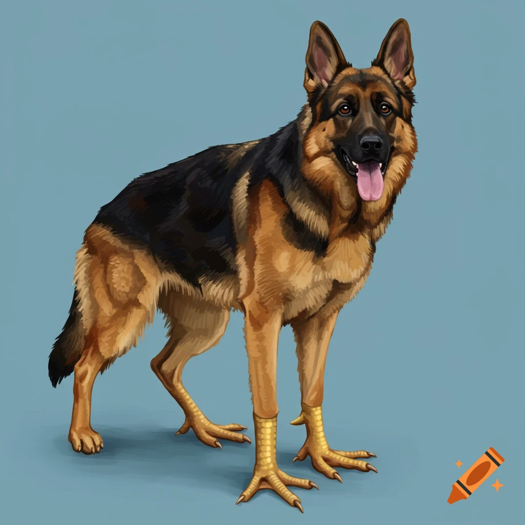 A German Shepherd dog stands with chicken legs and feet.