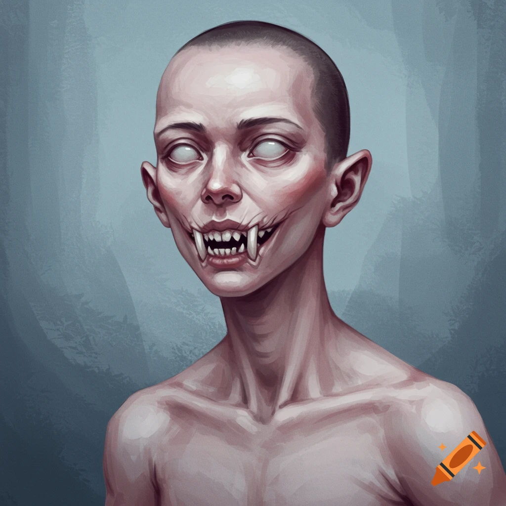 A pale, bald creature with white eyes and sharp fangs.