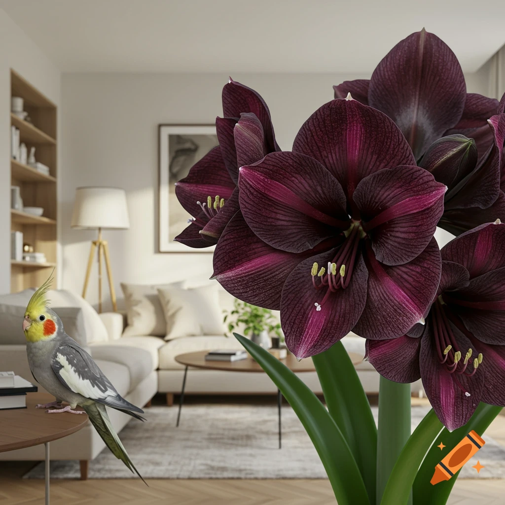 A black amaryllis flower and a cockatiel bird in a living room.
