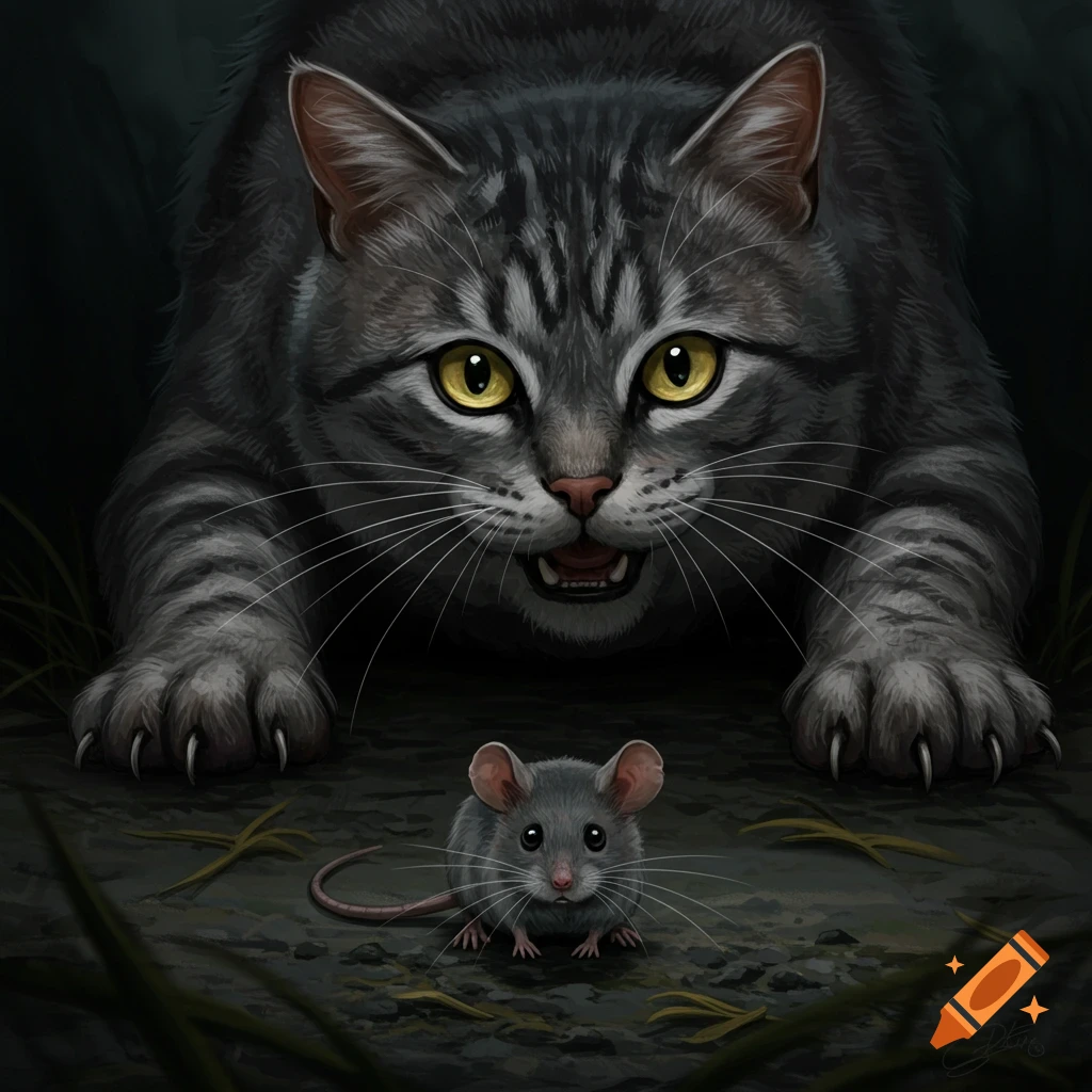 Large grey tabby cat looms over a tiny mouse in a dark digital illustration.