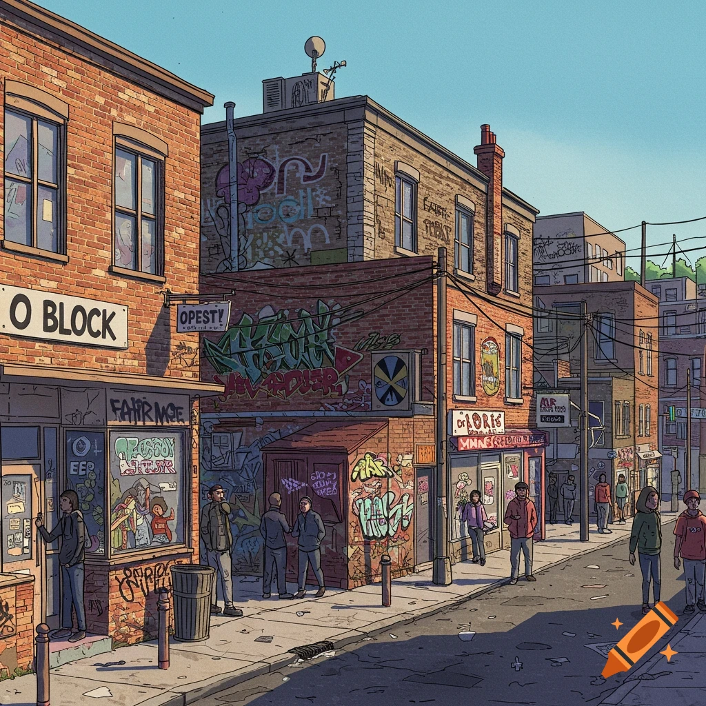 Illustration of a street scene with brick buildings, shops, people walking, and graffiti.
