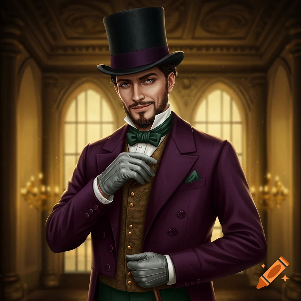 Portrait of a man in a purple tailcoat, top hat, gloves, and waistcoat standing in a grand interior.