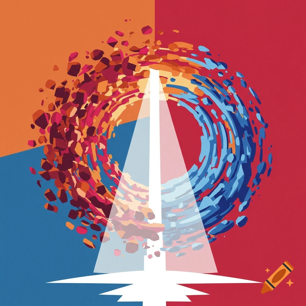 An abstract illustration with a central light beam splitting a swirling, fragmented circle against a colorful background.