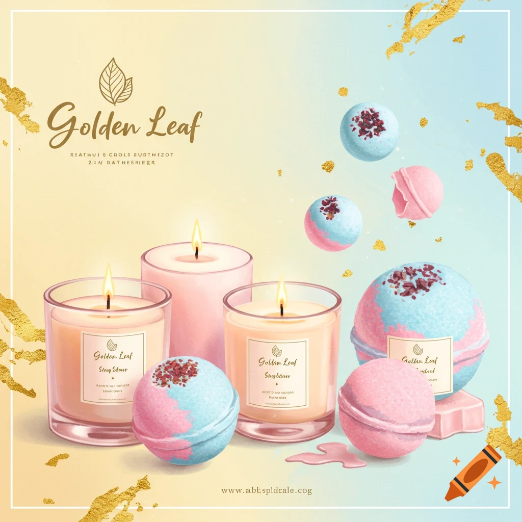 A stylized illustration of candles and bath bombs with decorative gold leaf accents.