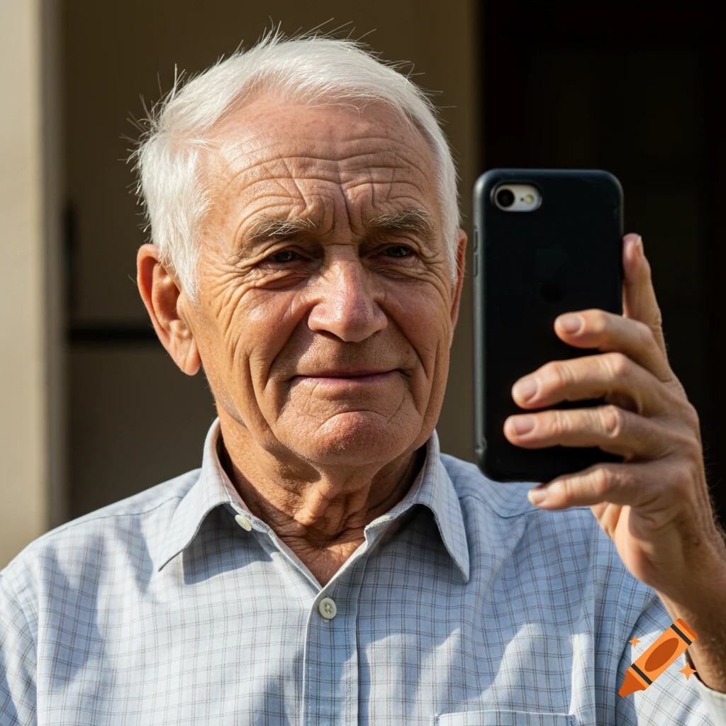 An elderly man takes a selfie with a smartphone.