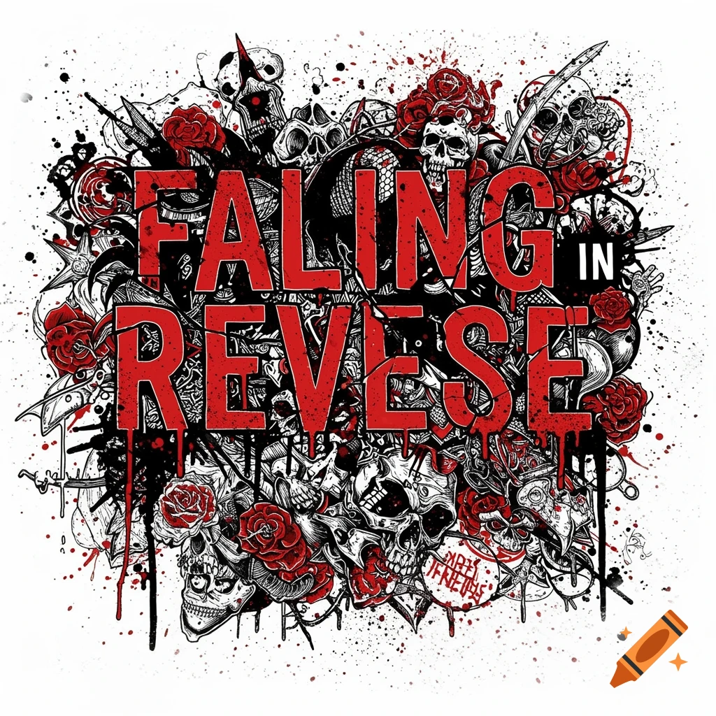 Trash polka style illustration of skulls, roses, and weapons with the text "FALLING IN REVERSE".