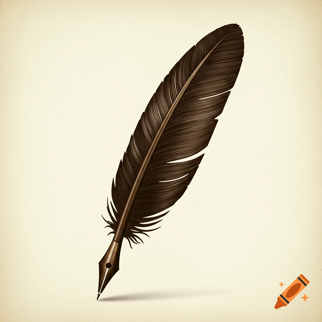 A dark quill pen with a metal nib casts a shadow on a light, textured background.