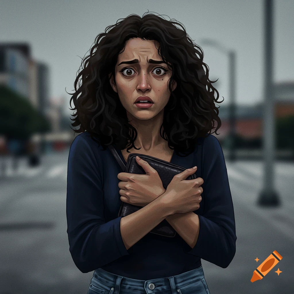 Illustration of a scared woman clutching a purse tightly on an urban street.
