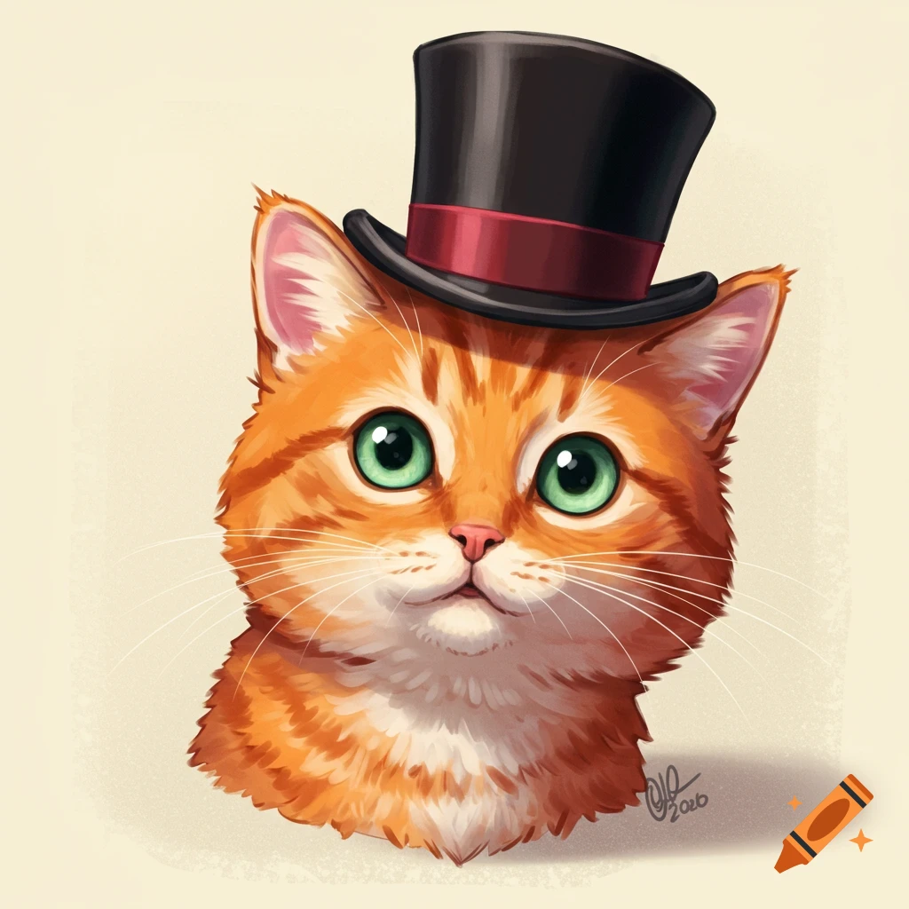 Illustration of a cute orange tabby cat wearing a top hat.