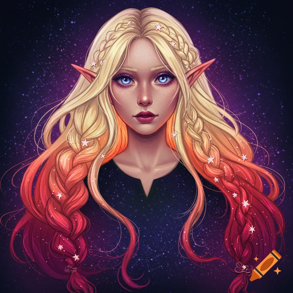 Illustration of a young woman with long blonde and red braids adorned with stars, glowing blue eyes, against a starry background.