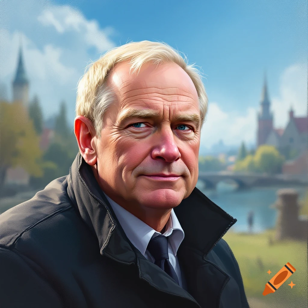 Portrait of an older man in a coat and tie against an urban landscape backdrop.