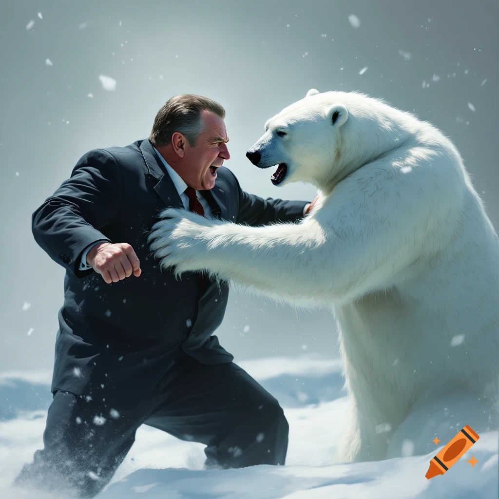 A man in a suit fights a polar bear in the snow.