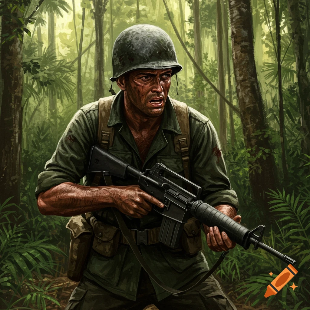 A painting of a soldier holding a rifle in a jungle.