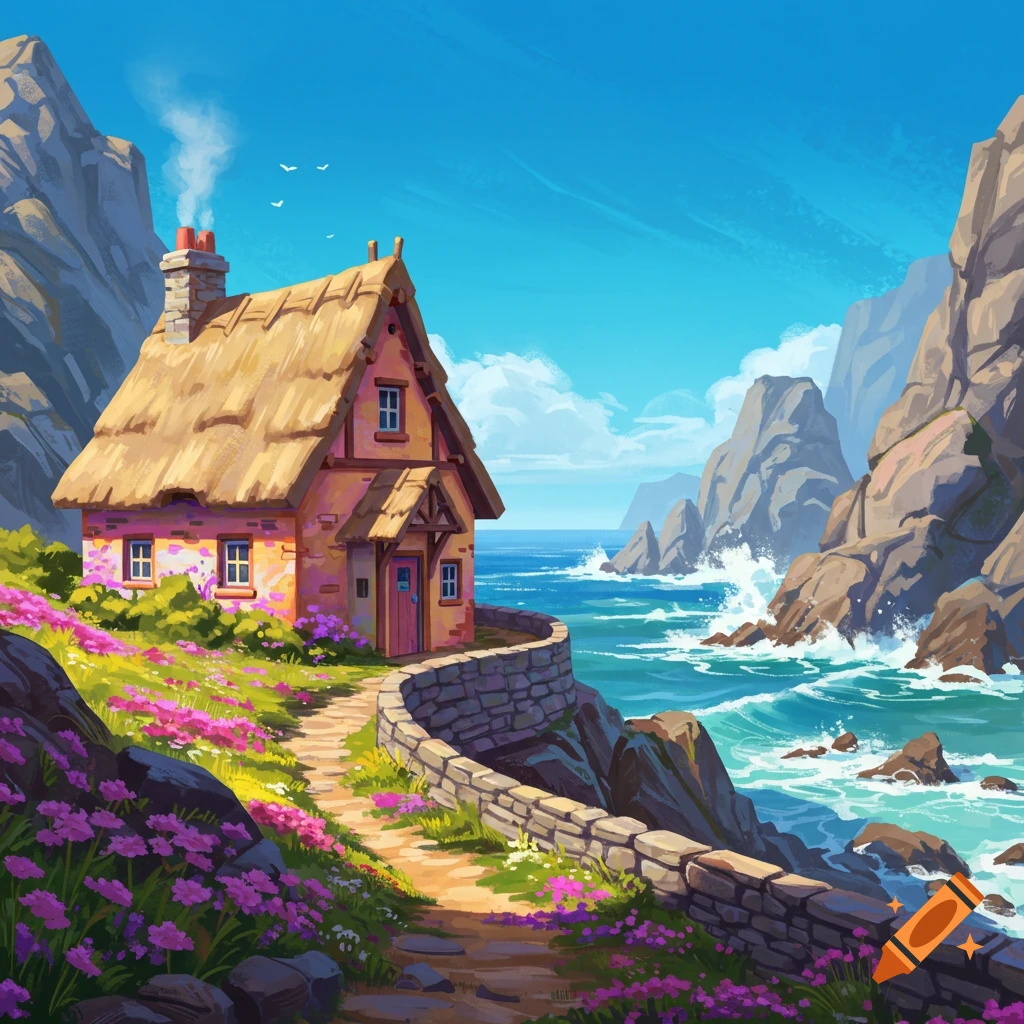 Illustration of a thatched-roof cottage on a rocky coastline with a path, stone wall, and flowers.