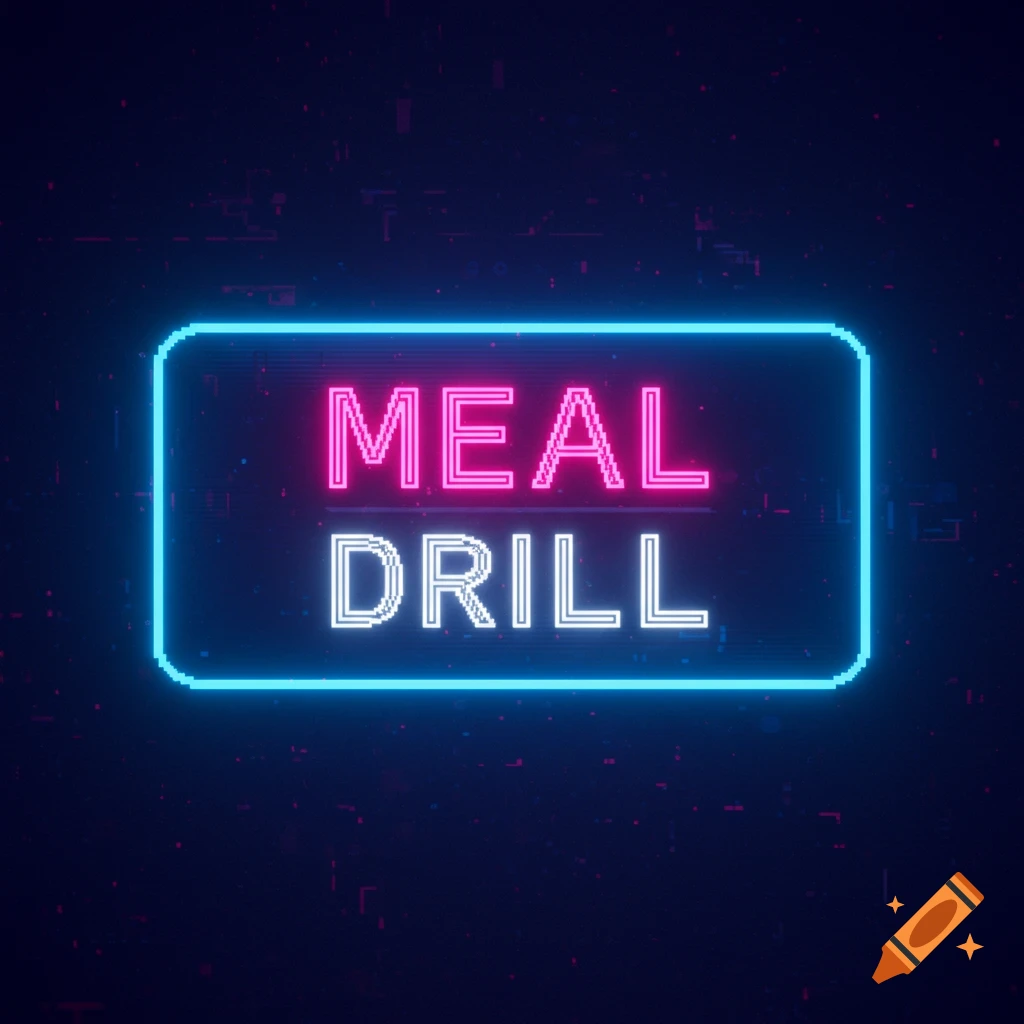 A neon sign displays the words MEAL DRILL on a dark, digital background.