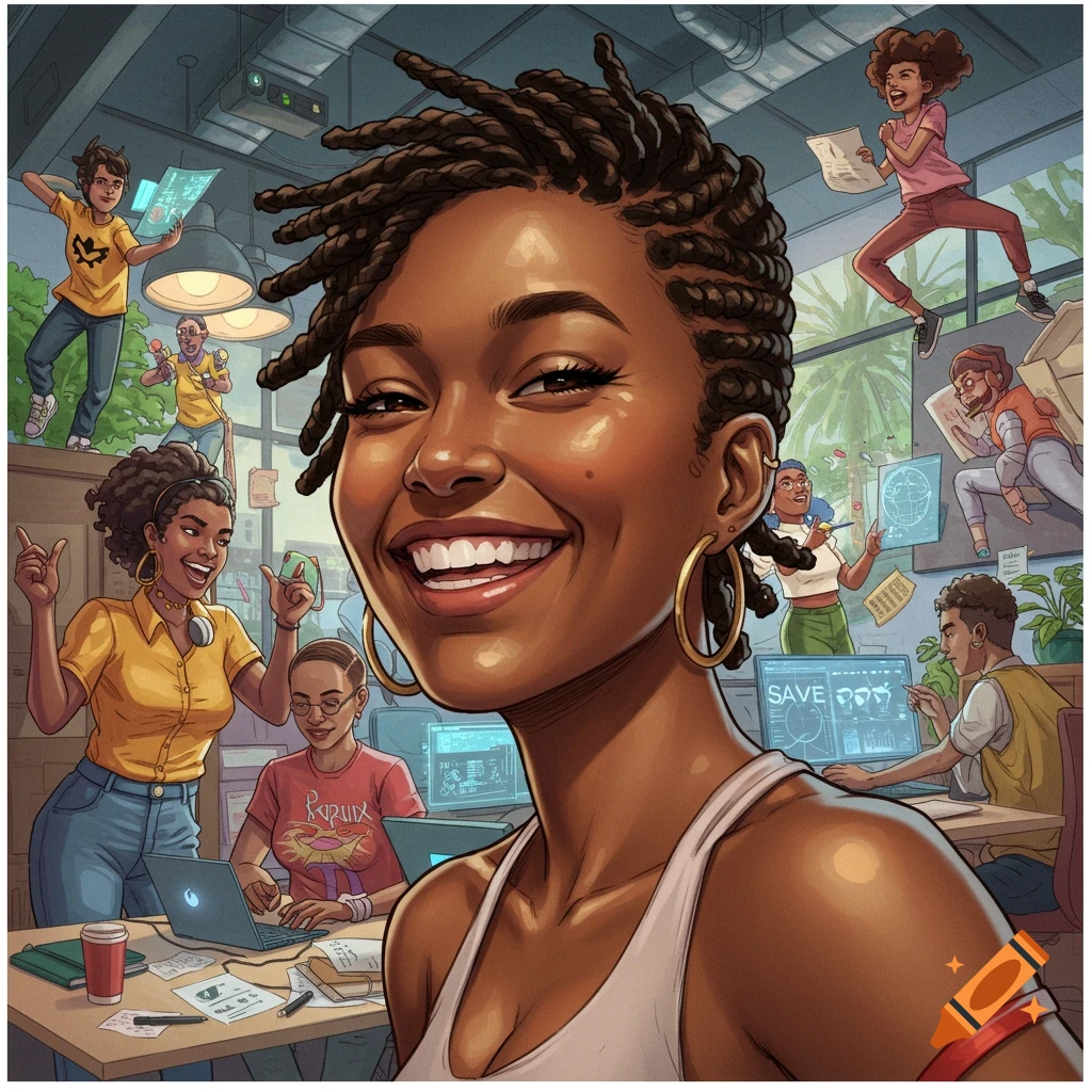 Illustration of a smiling Black woman in an office with diverse teammates working and having fun in the background.