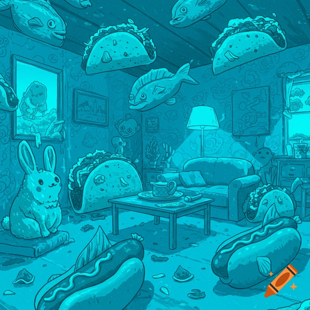 Cartoon illustration of fish, tacos, hot dogs, and a bunny in a cyan house interior.