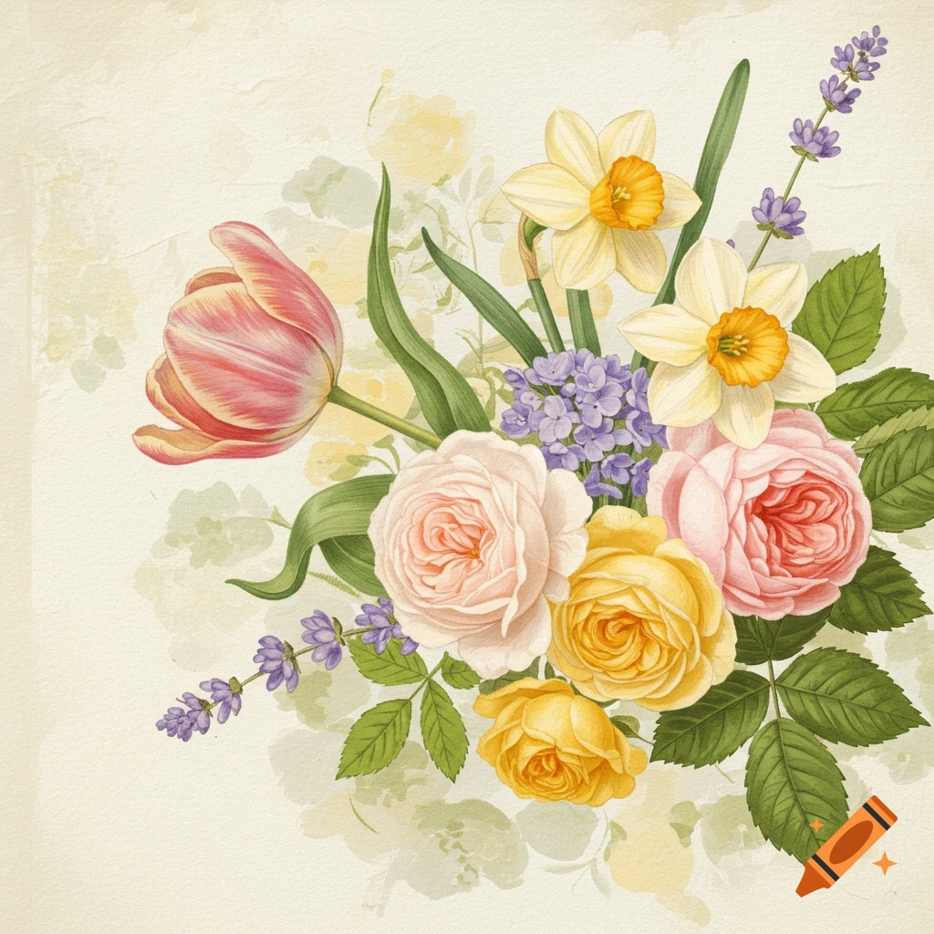 Vintage watercolor illustration of a spring floral bouquet with tulips, roses, daffodils, and lavender.