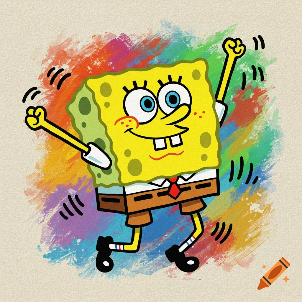 Spongebob dancing against a colorful paint stroke background in Keith Haring style