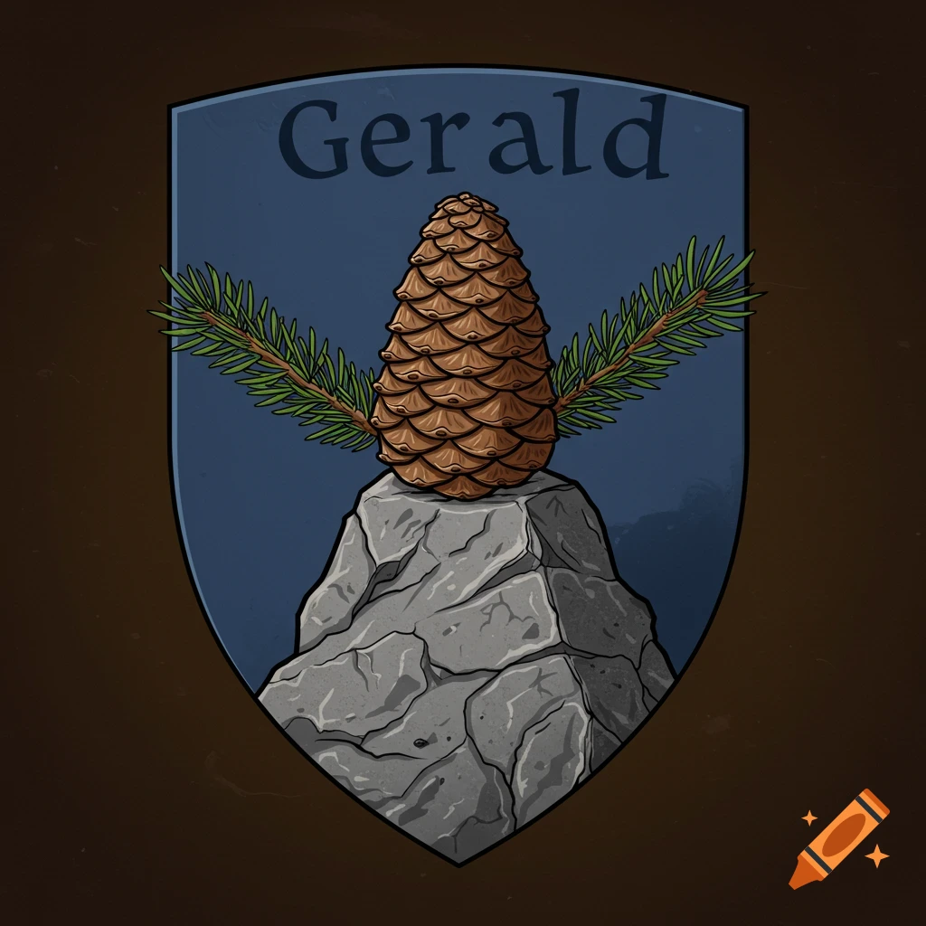 Illustration of a shield crest with 'Gerald', featuring a large pine cone on a rock with spruce branches.