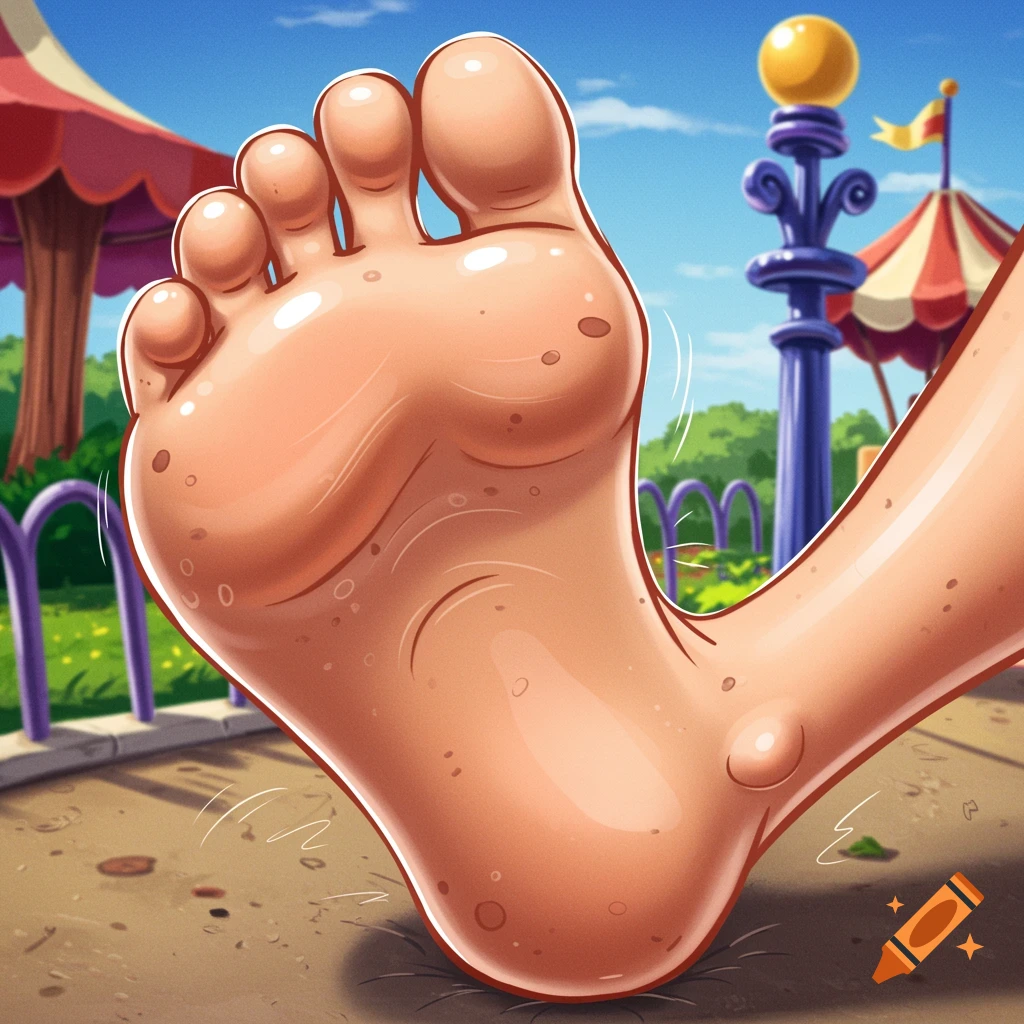 Giant cartoon foot crushing the ground in an amusement park.