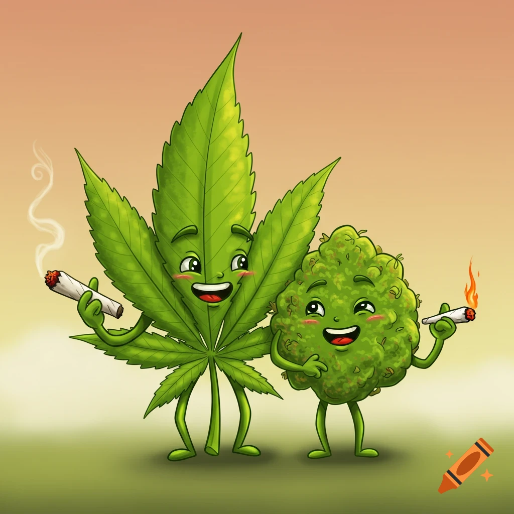 Cartoon anthropomorphic cannabis leaf and bud characters smiling and smoking joints