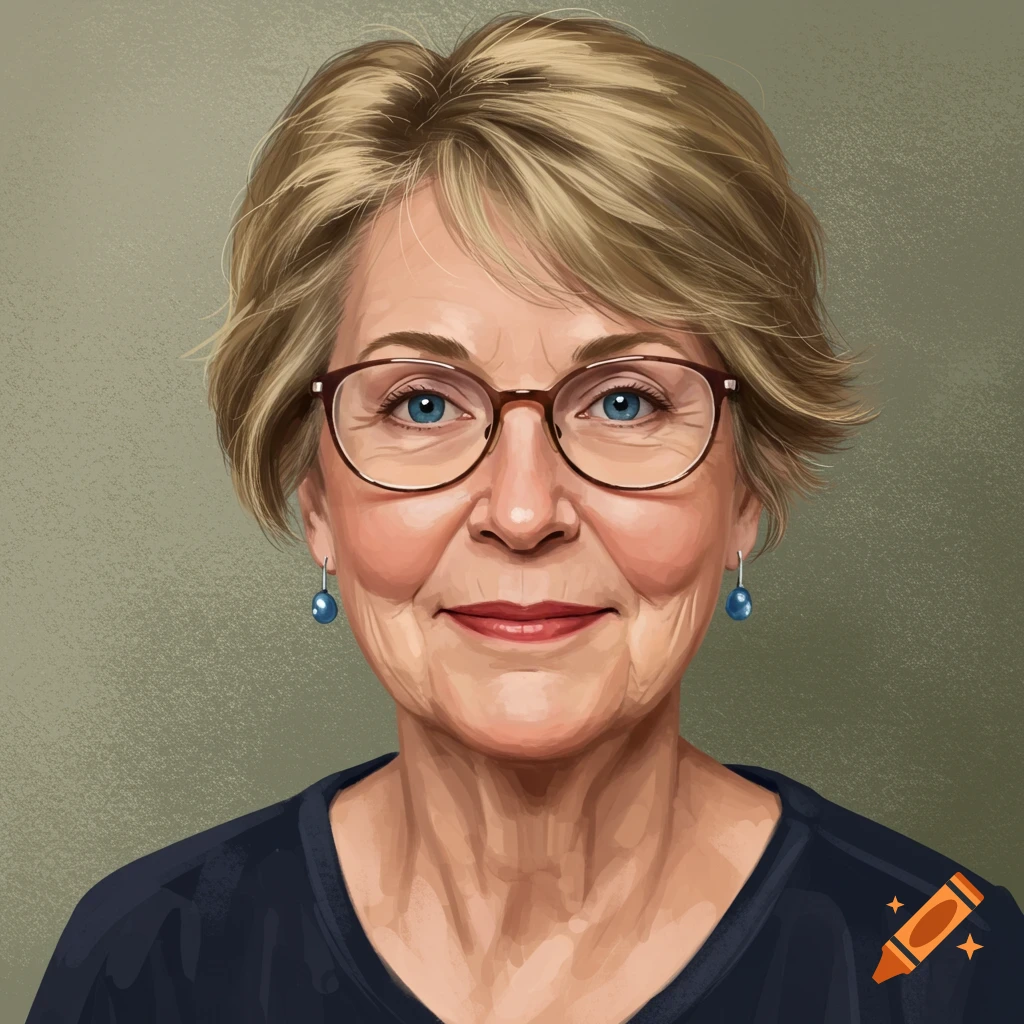 Portrait illustration of an older woman with short blonde hair, blue eyes, glasses, and blue earrings.