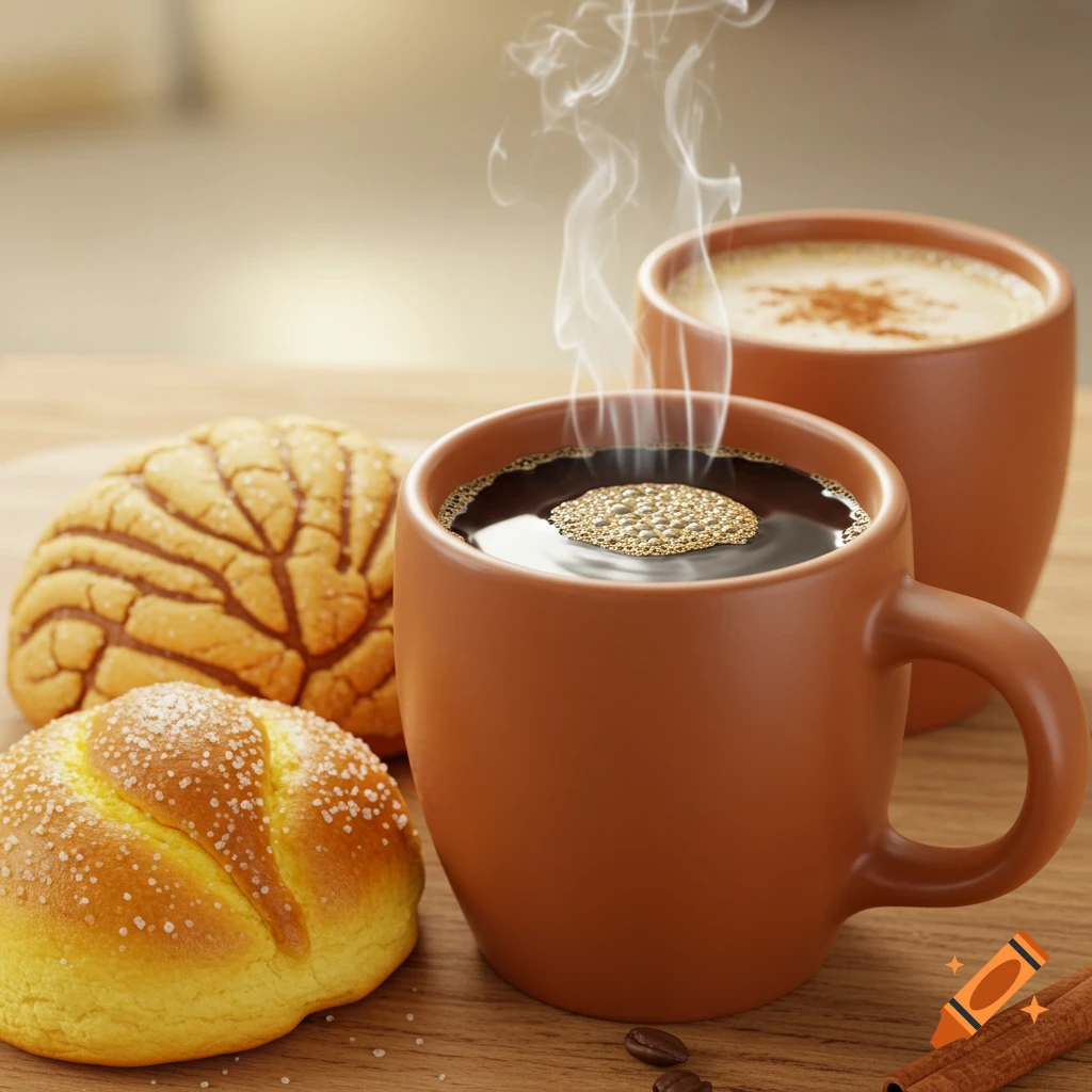 Two mugs of steaming coffee next to two types of bread on a wooden table.