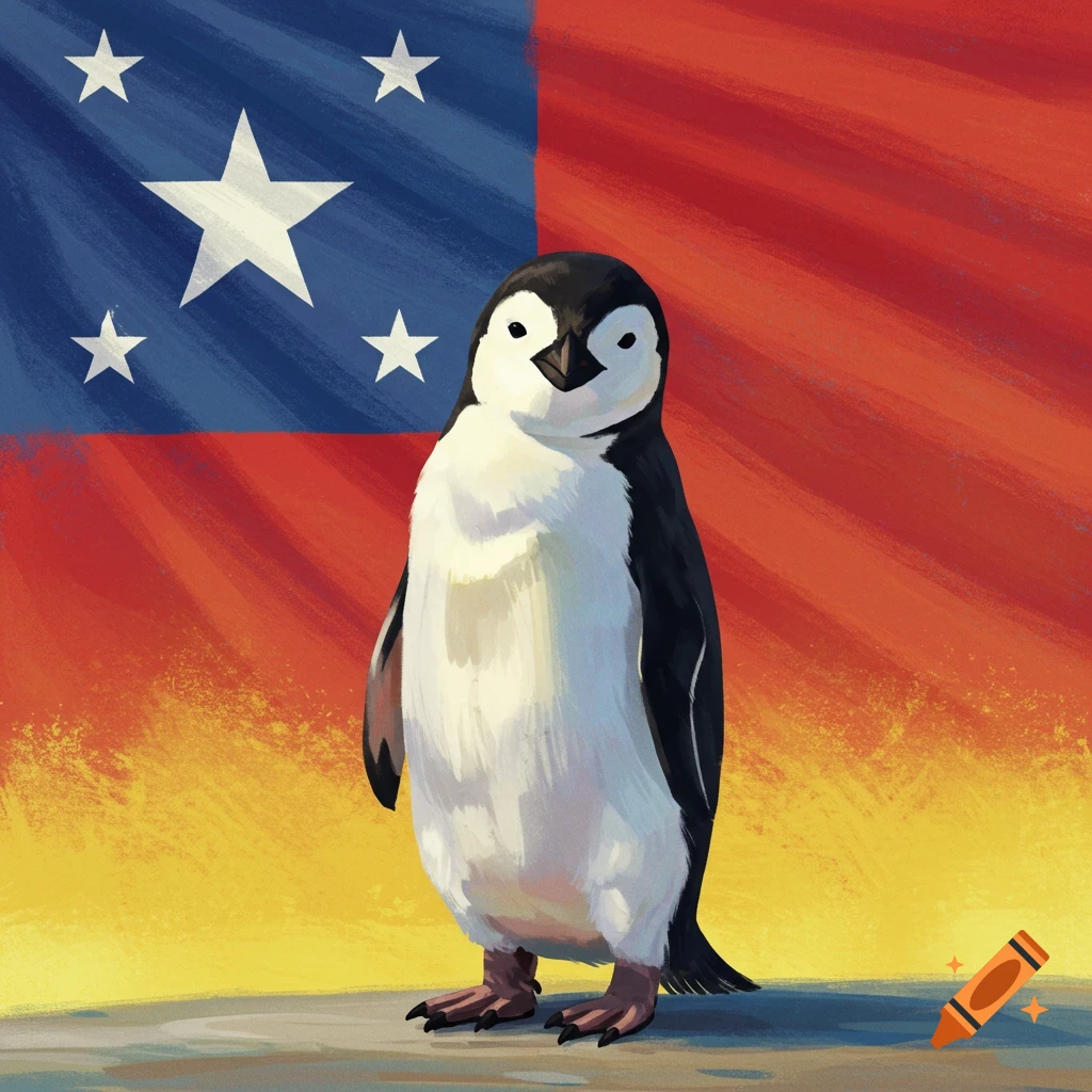 A penguin stands in front of a flag in a painterly style.