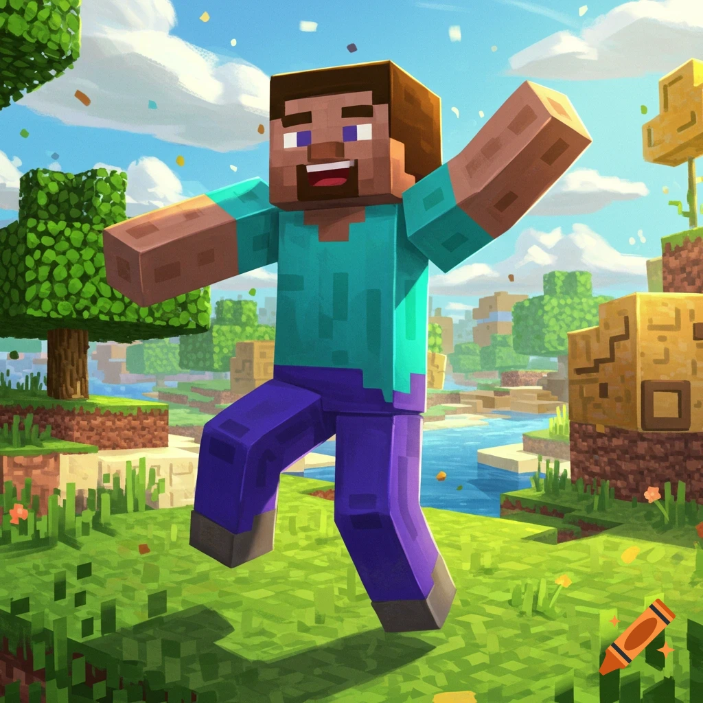 Steve from Minecraft dancing in a blocky world with confetti.