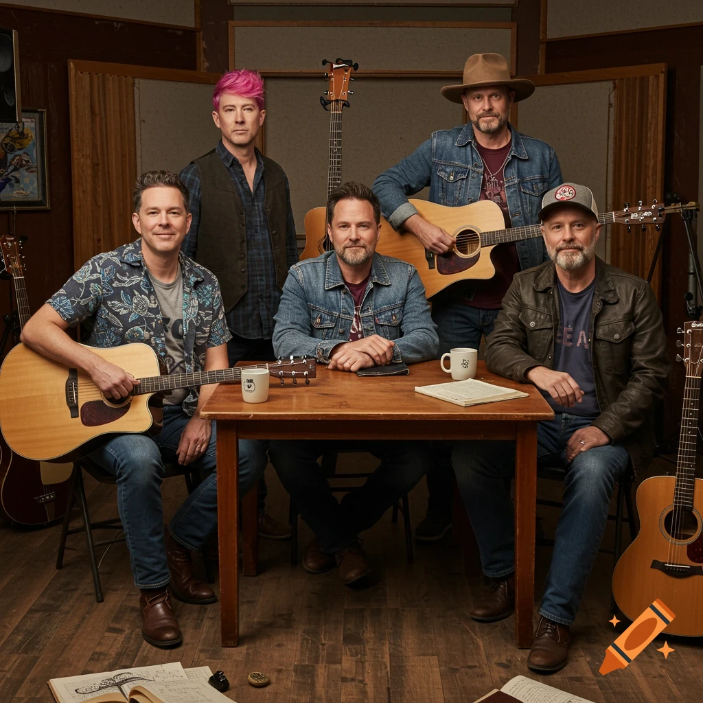 Five men playing acoustic guitars in a music studio.