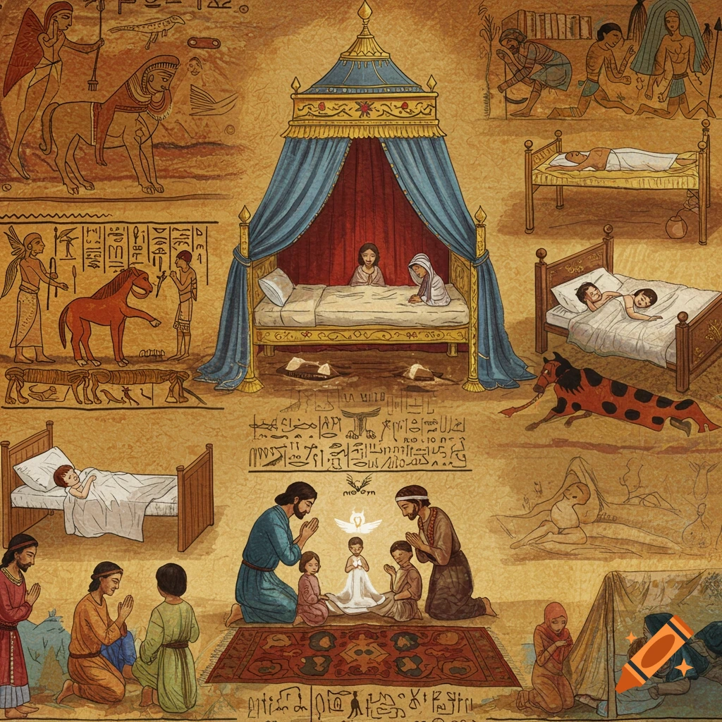 Illustration of religious scenes with beds, praying figures, and Egyptian-style elements.