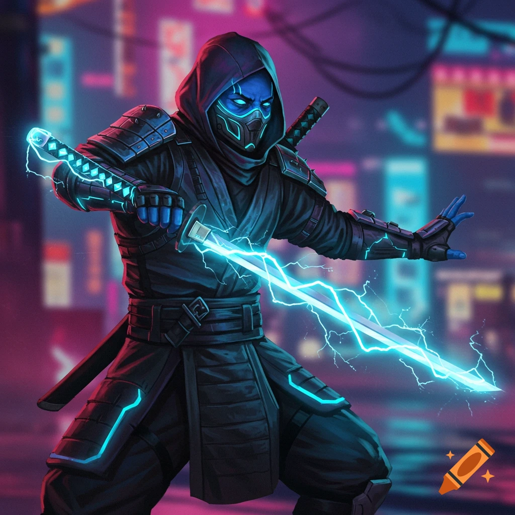 A blue future ninja holds a glowing lightning katana in a neon cyberpunk city.